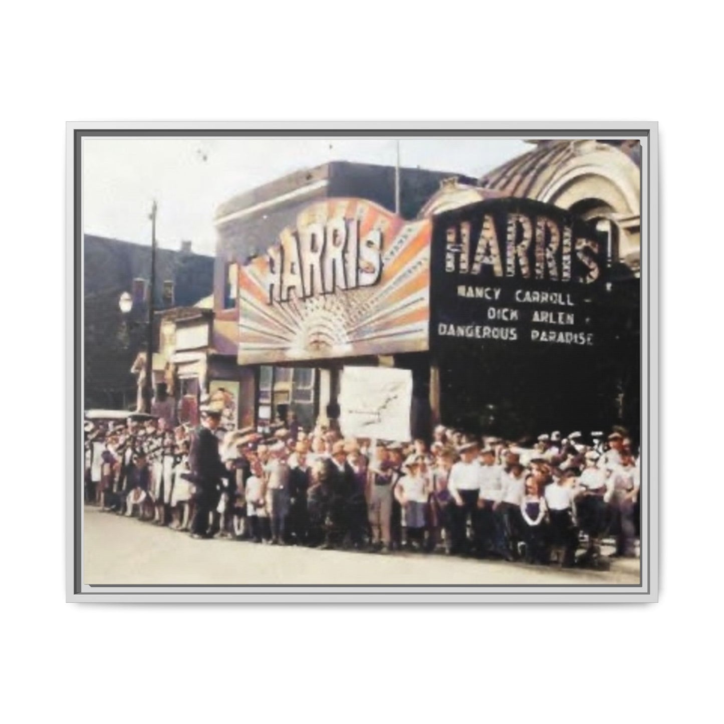 Harris Theater lines galore Vintage Framed Canvas Print - Historic Harris Theater Scene