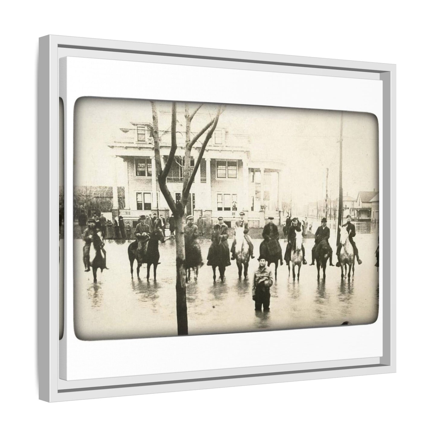 717 N Main Findlay, O  1913 Flood Original B & W Vintage Framed Matte Canvas - Equestrian Scene Wall Art