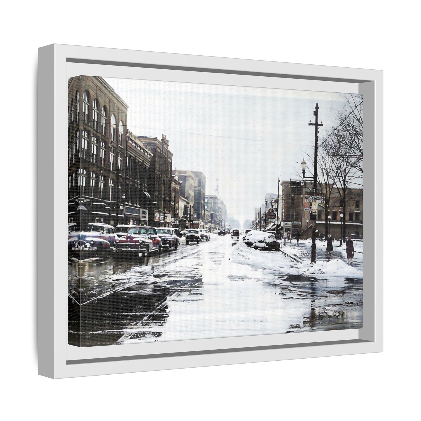 Winter Wonderland Framed Matte Canvas - Urban Snow Scene Wall Art