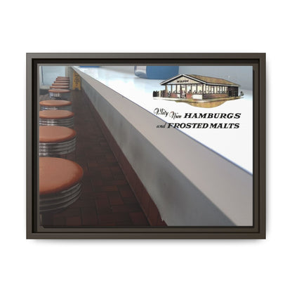 Wilson’s Sandwich Shop Stools Vintage Diner Canvas Print - 'Why Not Hamburgs and Frosted Malts' Wall Art