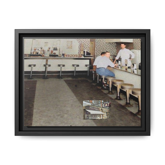 1947 Opening Day Miller’s Luncheonette Findlay, O. Retro Bar Scene Framed Canvas Art - Nostalgic Decor for Home or Office