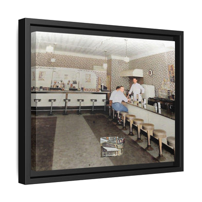 1947 Opening Day Miller’s Luncheonette Findlay, O. Retro Bar Scene Framed Canvas Art - Nostalgic Decor for Home or Office