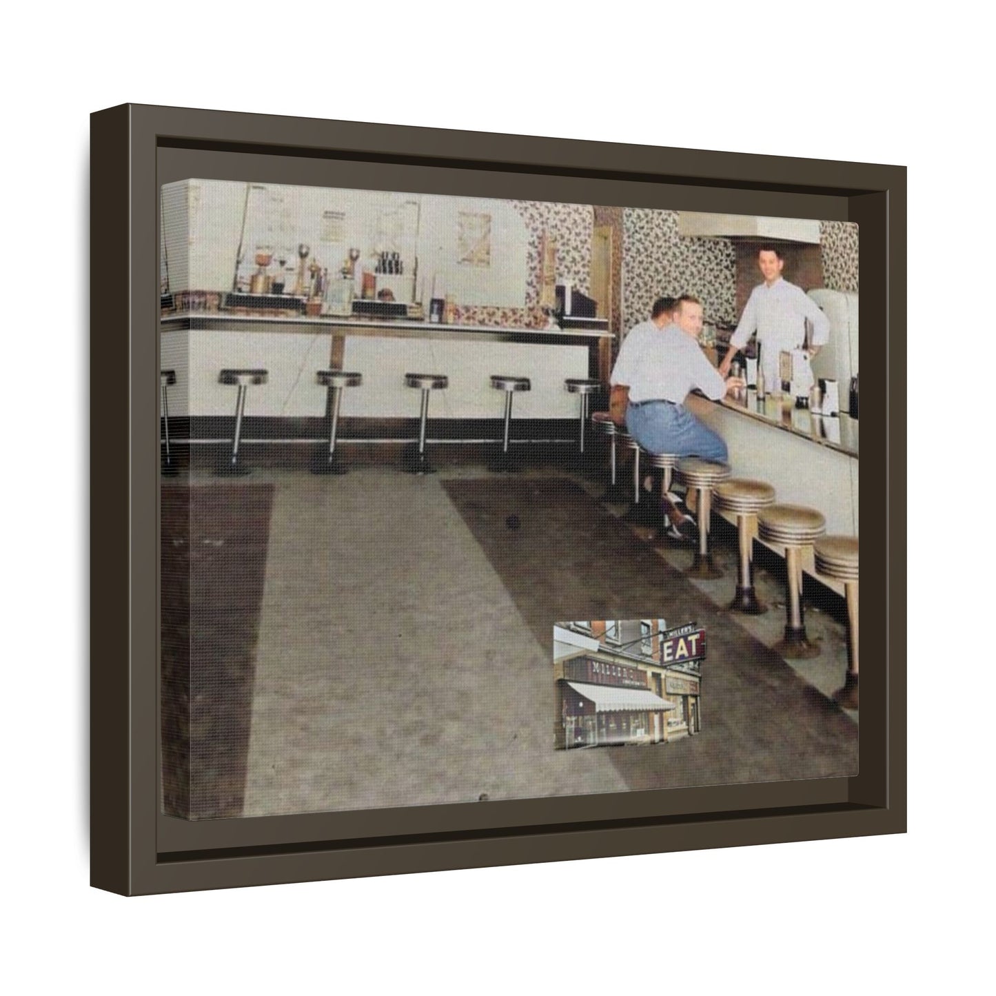 1947 Opening Day Miller’s Luncheonette Findlay, O. Retro Bar Scene Framed Canvas Art - Nostalgic Decor for Home or Office