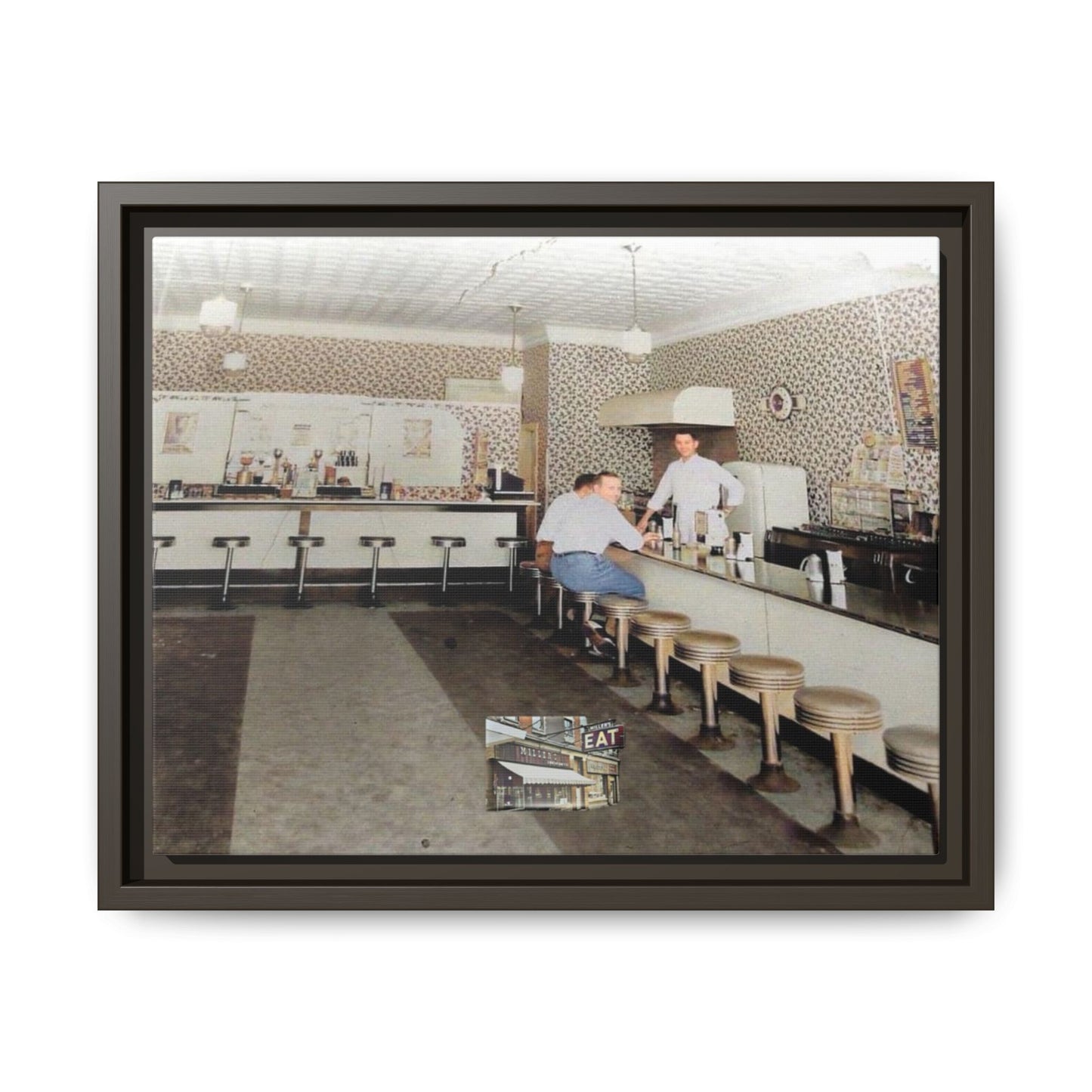 1947 Opening Day Miller’s Luncheonette Findlay, O. Retro Bar Scene Framed Canvas Art - Nostalgic Decor for Home or Office