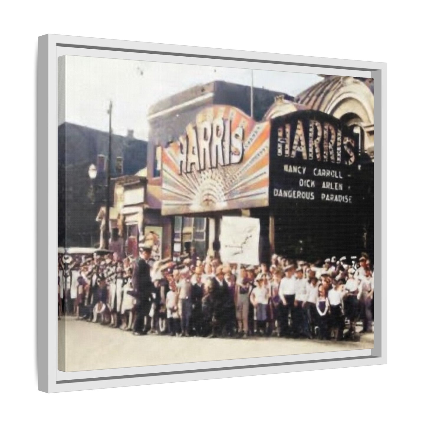 Harris Theater lines galore Vintage Framed Canvas Print - Historic Harris Theater Scene