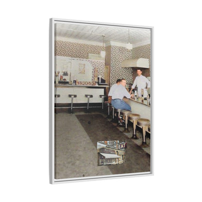 1947 Opening Day Miller’s Luncheonette Findlay, O. Retro Bar Scene Framed Canvas Art - Nostalgic Decor for Home or Office