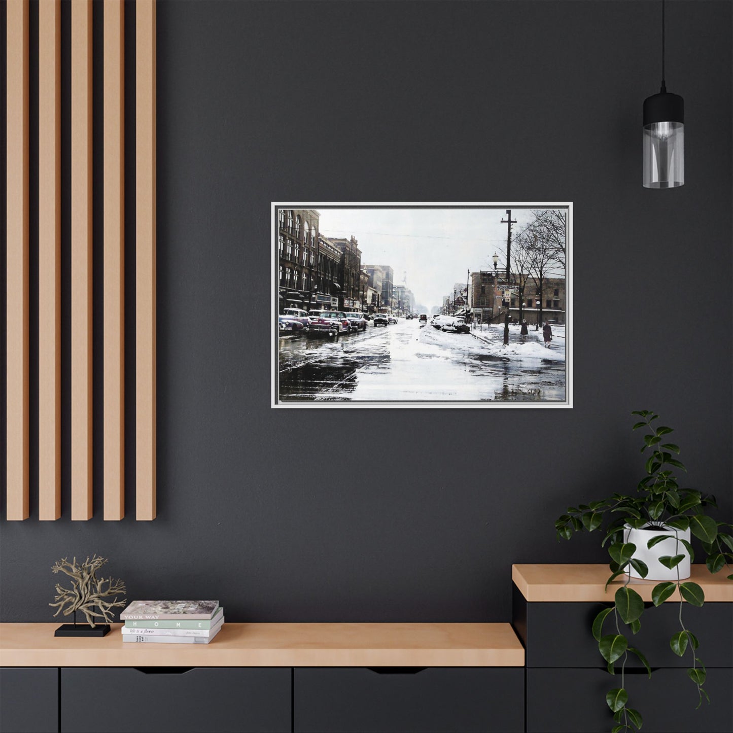 Winter Wonderland Framed Matte Canvas - Urban Snow Scene Wall Art