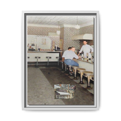 1947 Opening Day Miller’s Luncheonette Findlay, O. Retro Bar Scene Framed Canvas Art - Nostalgic Decor for Home or Office