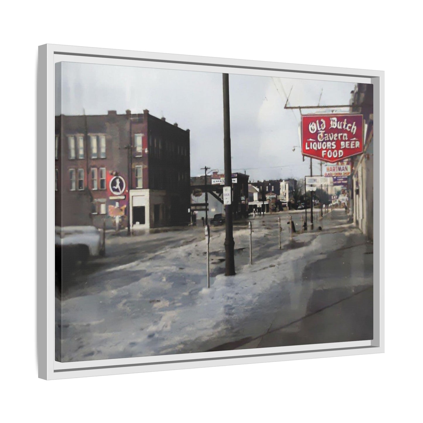 February 1959 Findlay Flood Original Dutch Framed Matte Canvas Art - Vintage Tavern Street Scene