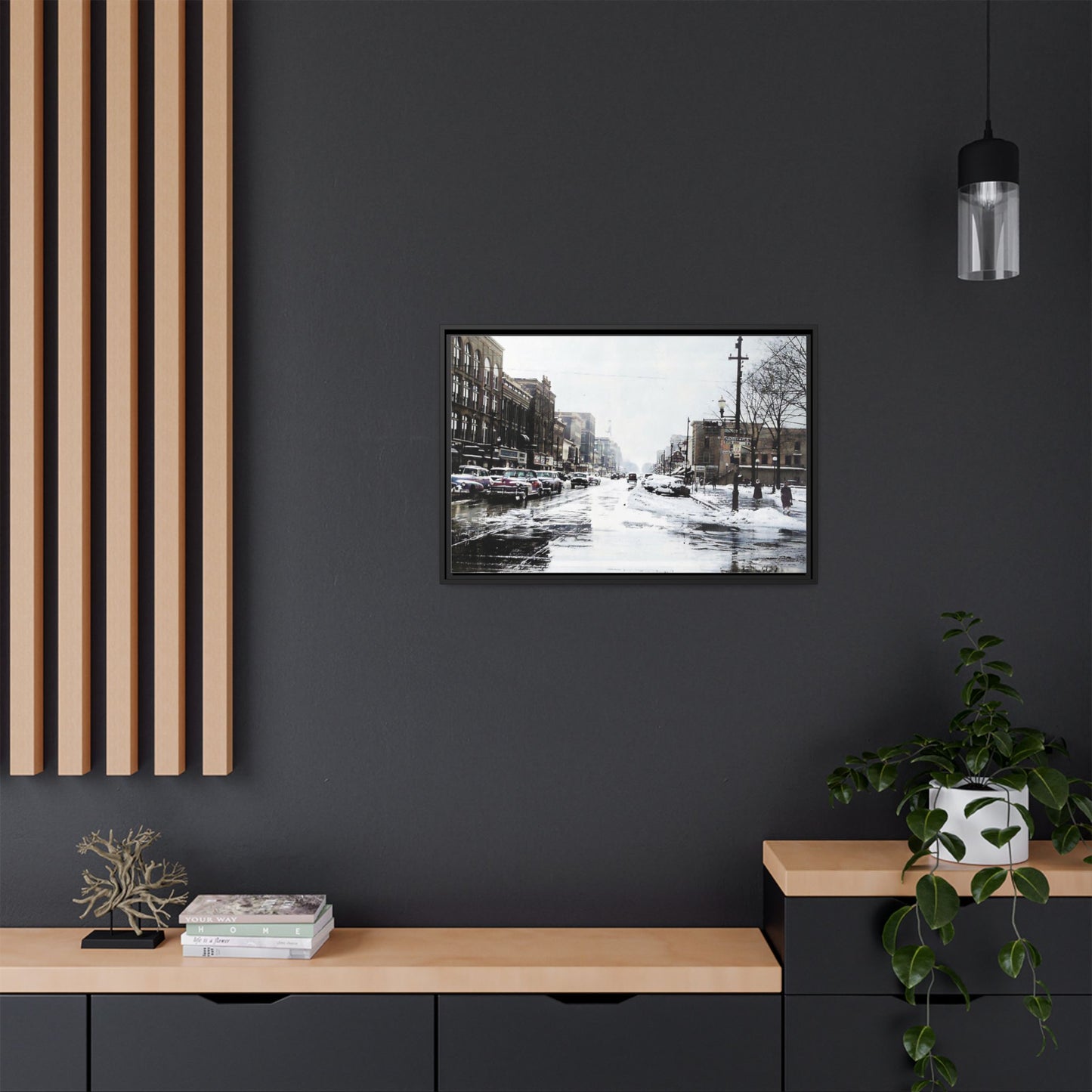 Winter Wonderland Framed Matte Canvas - Urban Snow Scene Wall Art