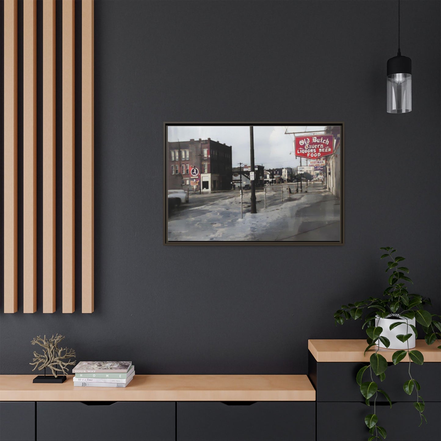 February 1959 Findlay Flood Original Dutch Framed Matte Canvas Art - Vintage Tavern Street Scene