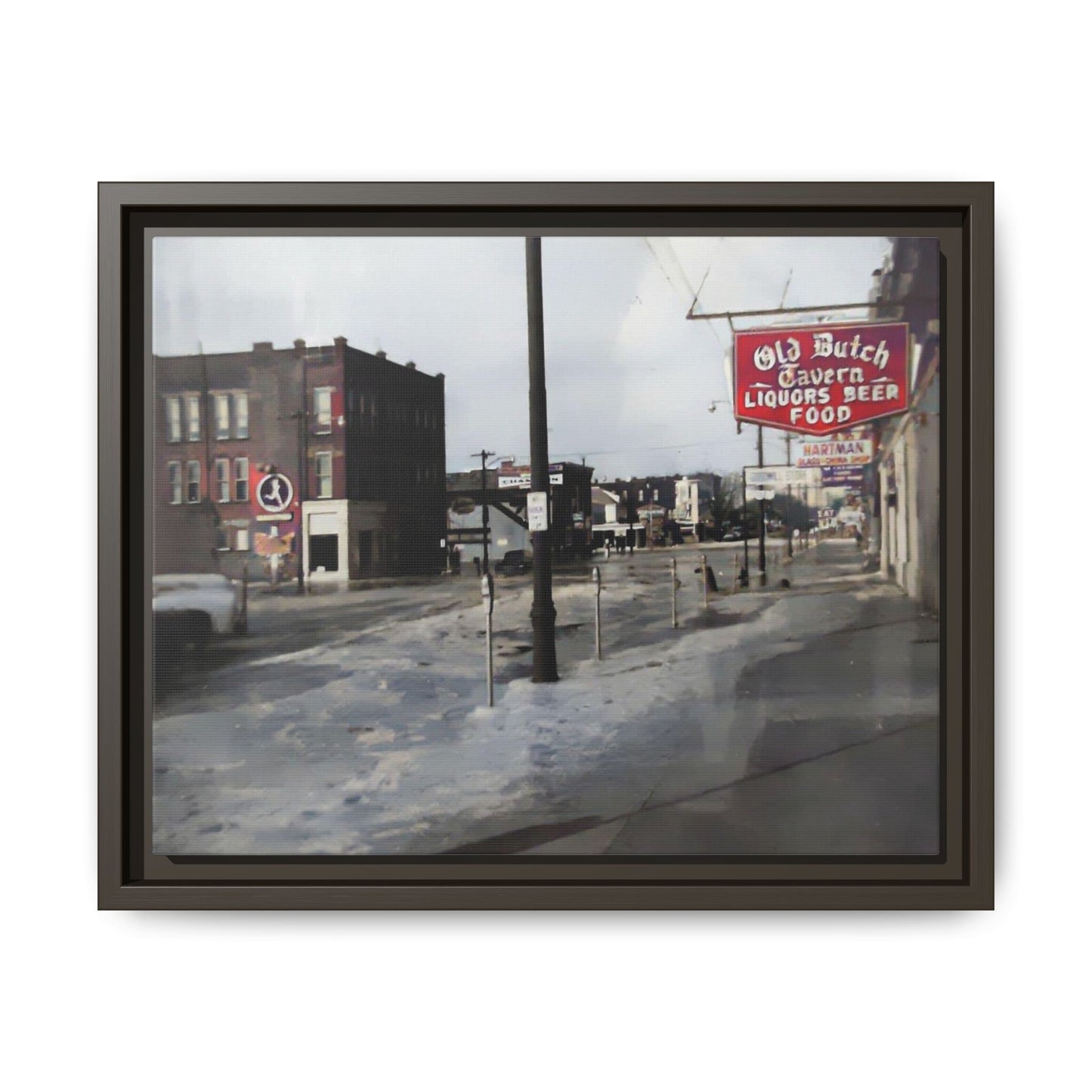 February 1959 Findlay Flood Original Dutch Framed Matte Canvas Art - Vintage Tavern Street Scene