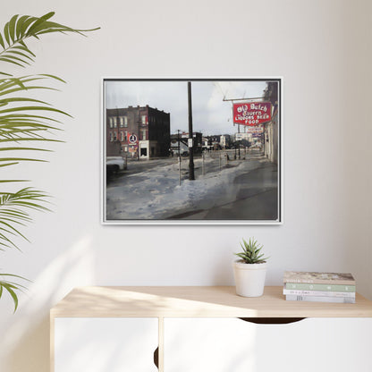 February 1959 Findlay Flood Original Dutch Framed Matte Canvas Art - Vintage Tavern Street Scene