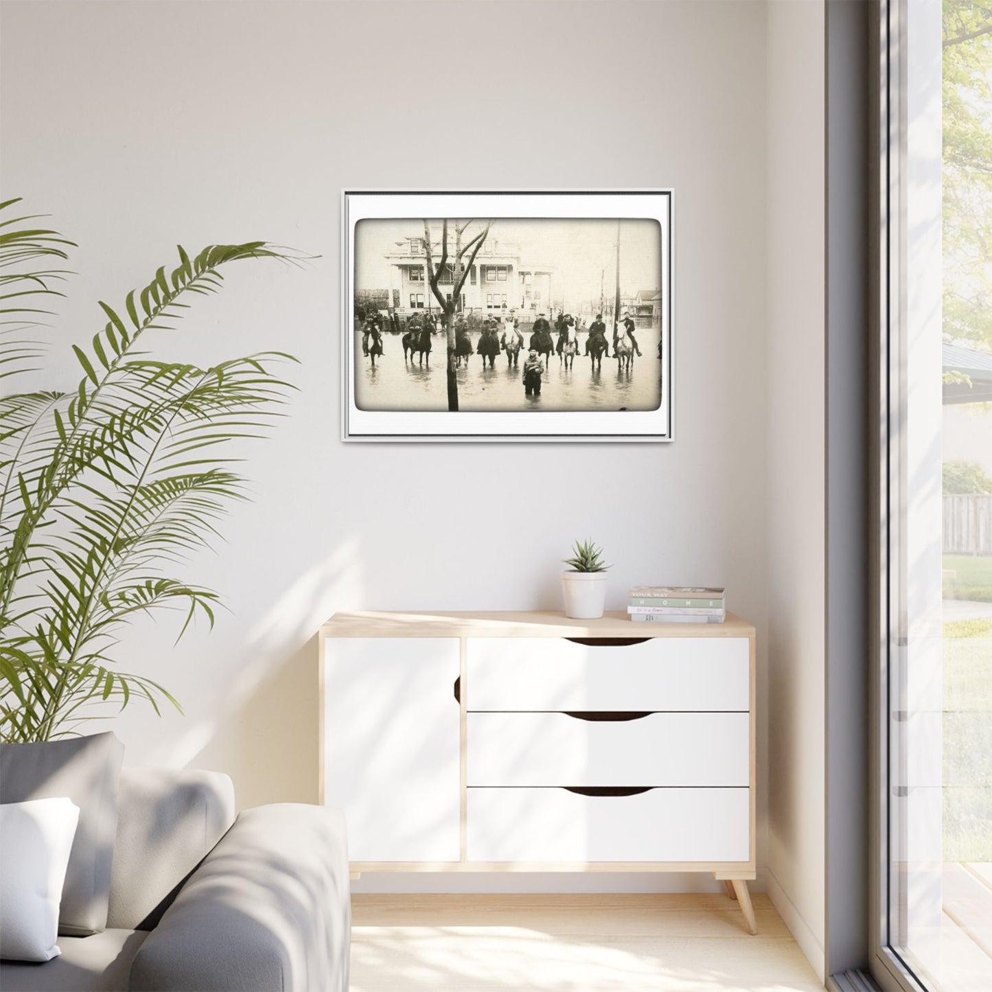 717 N Main Findlay, O  1913 Flood Original B & W Vintage Framed Matte Canvas - Equestrian Scene Wall Art