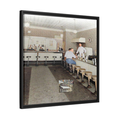 1947 Opening Day Miller’s Luncheonette Findlay, O. Retro Bar Scene Framed Canvas Art - Nostalgic Decor for Home or Office