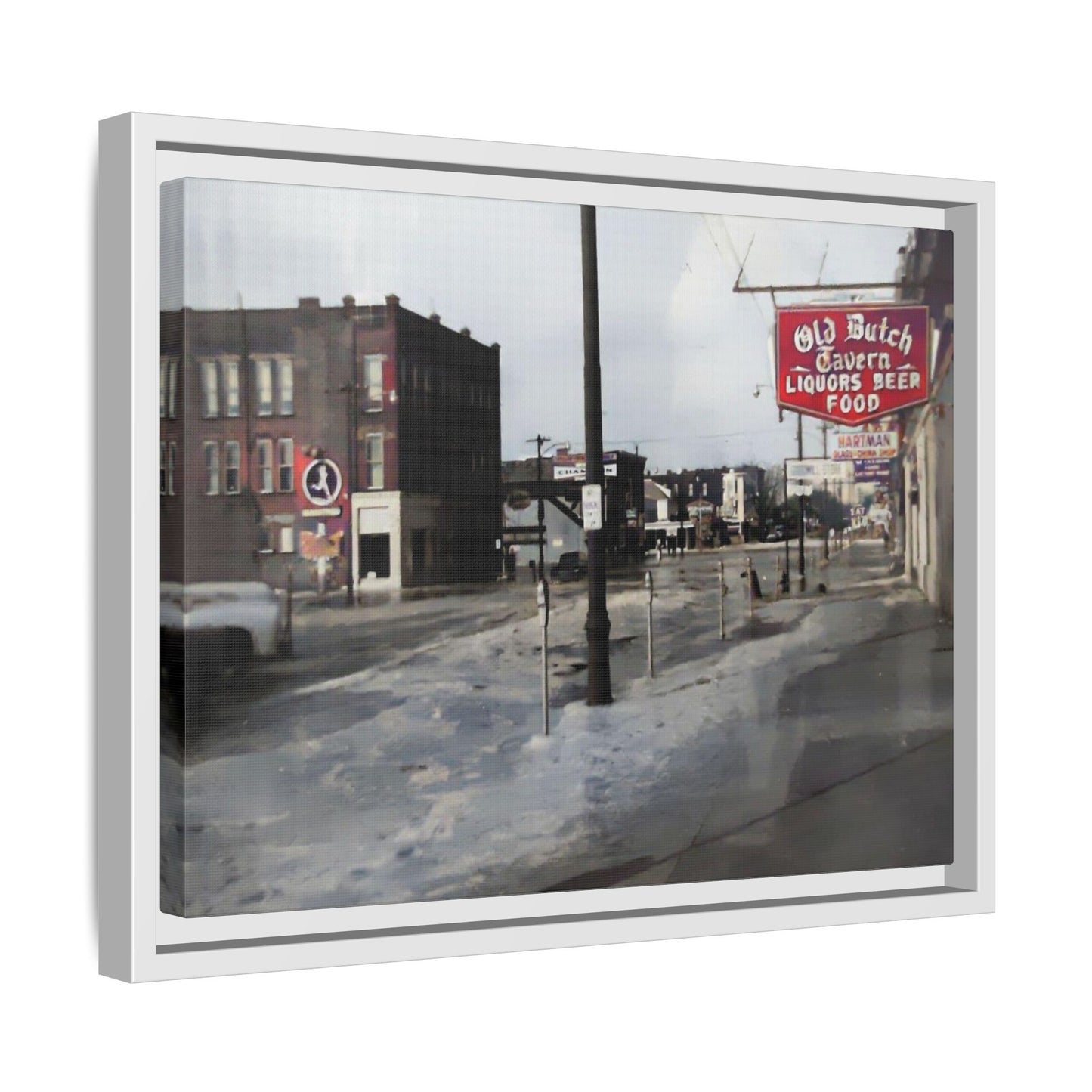 February 1959 Findlay Flood Original Dutch Framed Matte Canvas Art - Vintage Tavern Street Scene