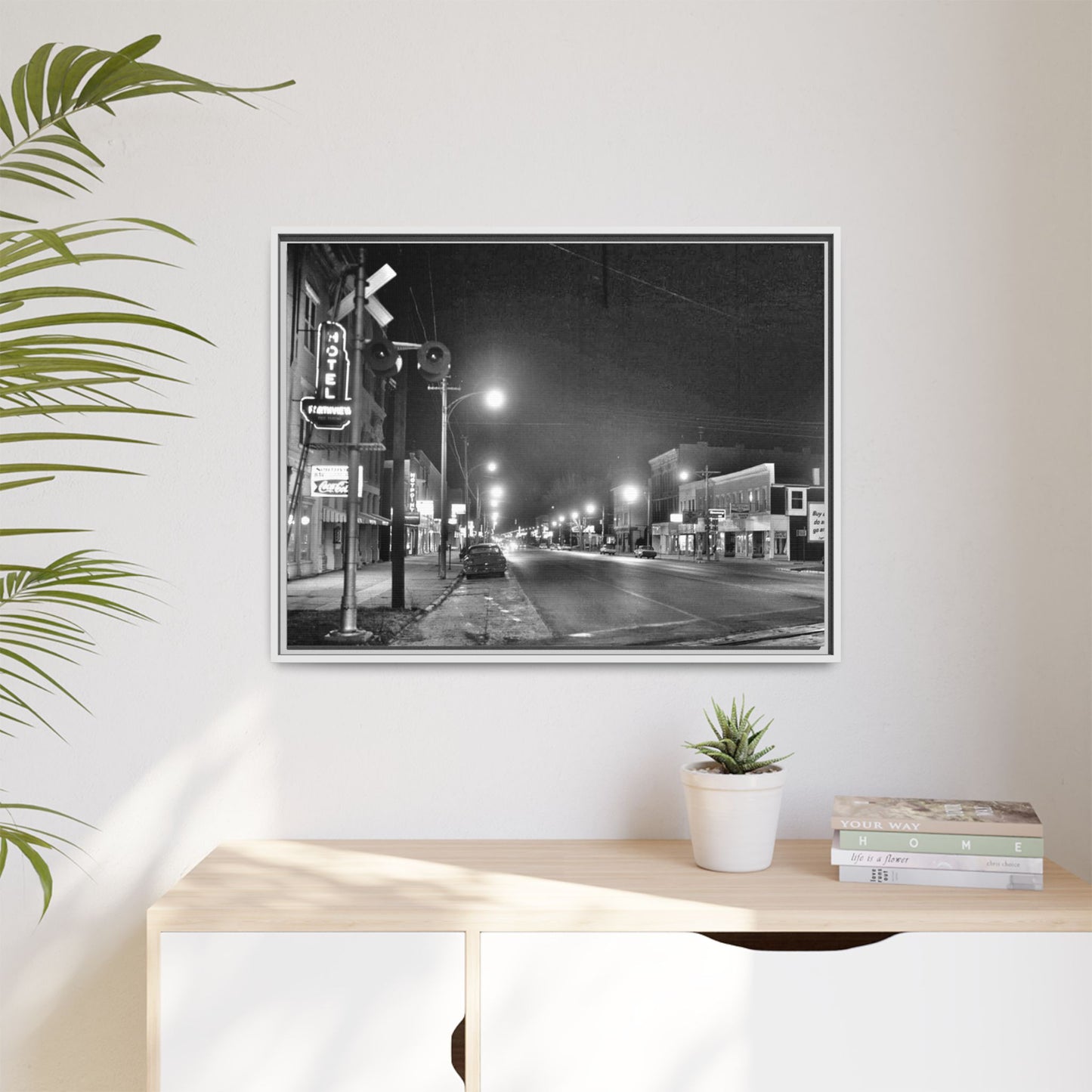 Northview Hotel Looking South Findlay, O. ca 1967 Vintage Cityscape Framed Canvas - Matte Black Wall Art