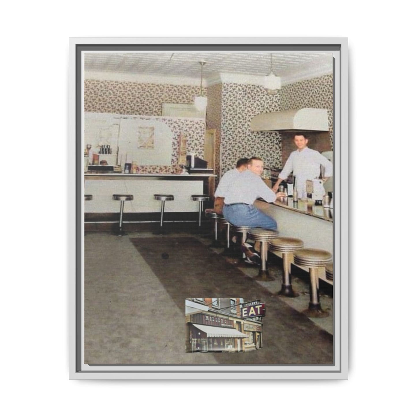 1947 Opening Day Miller’s Luncheonette Findlay, O. Retro Bar Scene Framed Canvas Art - Nostalgic Decor for Home or Office