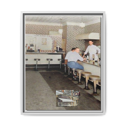 1947 Opening Day Miller’s Luncheonette Findlay, O. Retro Bar Scene Framed Canvas Art - Nostalgic Decor for Home or Office