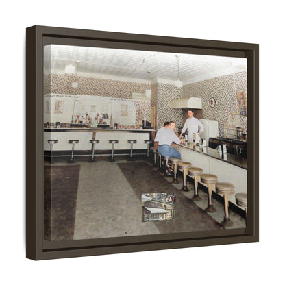 1947 Opening Day Miller’s Luncheonette Findlay, O. Retro Bar Scene Framed Canvas Art - Nostalgic Decor for Home or Office