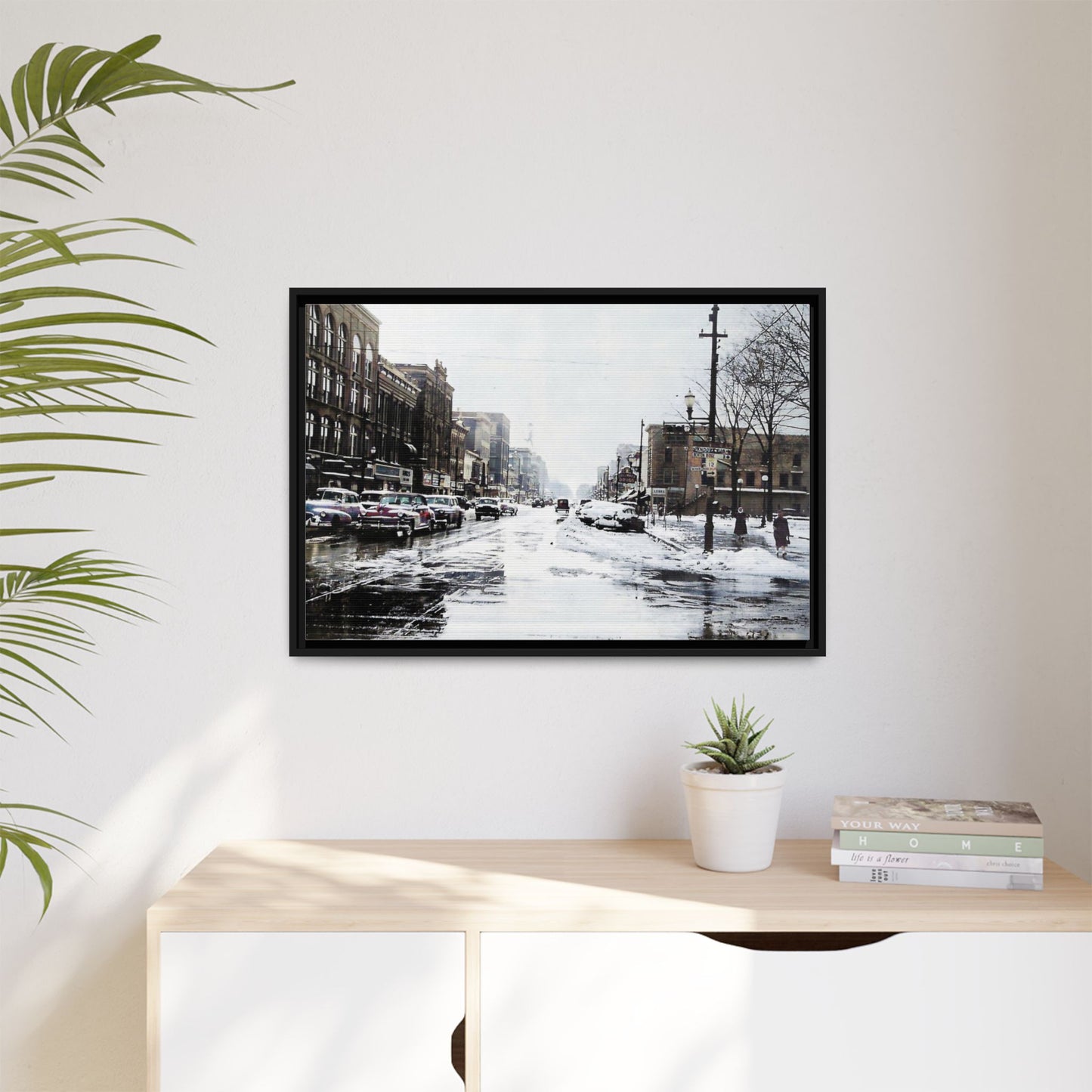 Winter Wonderland Framed Matte Canvas - Urban Snow Scene Wall Art