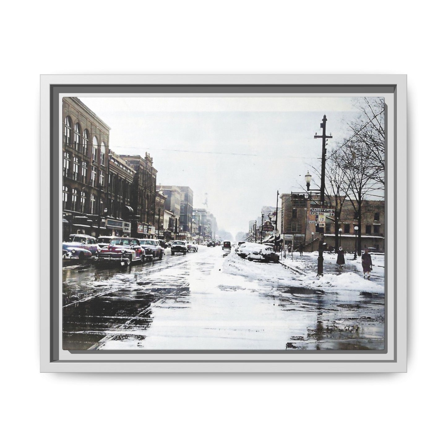 Winter Wonderland Framed Matte Canvas - Urban Snow Scene Wall Art