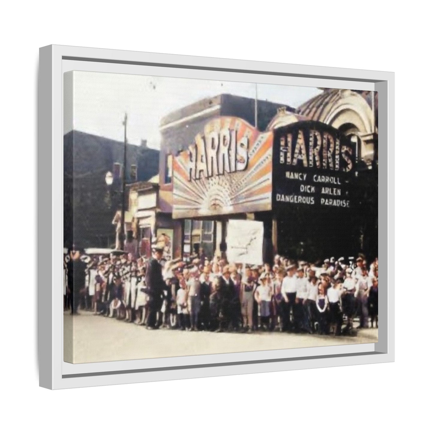 Harris Theater lines galore Vintage Framed Canvas Print - Historic Harris Theater Scene