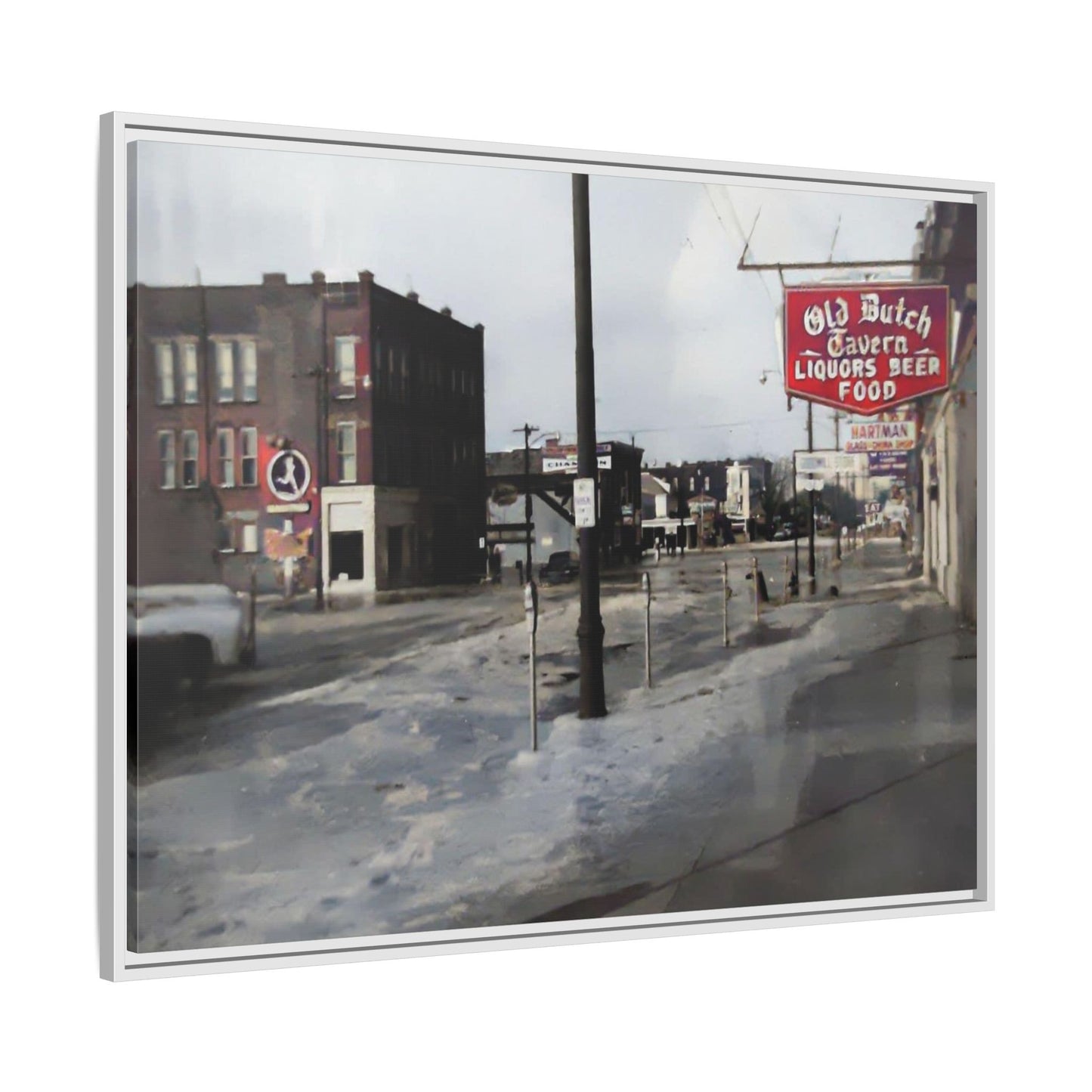 February 1959 Findlay Flood Original Dutch Framed Matte Canvas Art - Vintage Tavern Street Scene