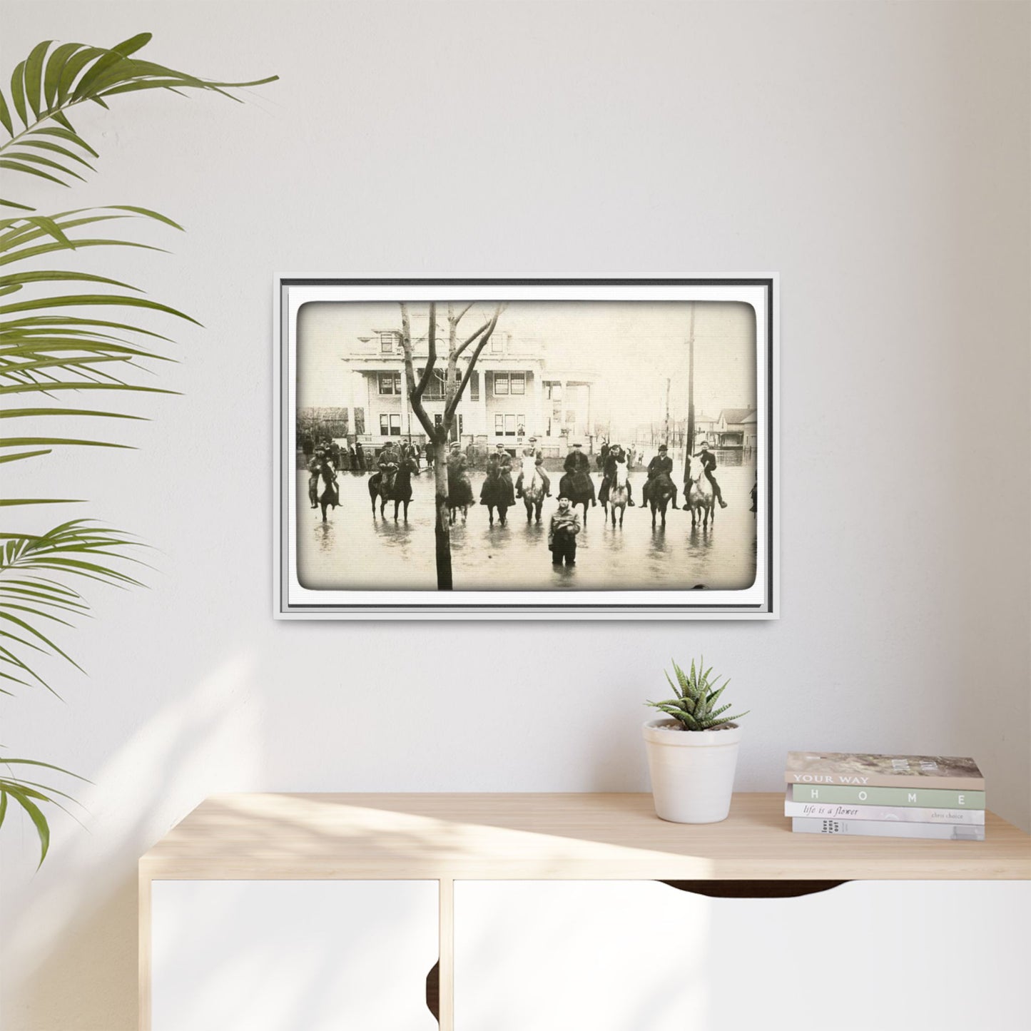 717 N Main Findlay, O  1913 Flood Original B & W Vintage Framed Matte Canvas - Equestrian Scene Wall Art