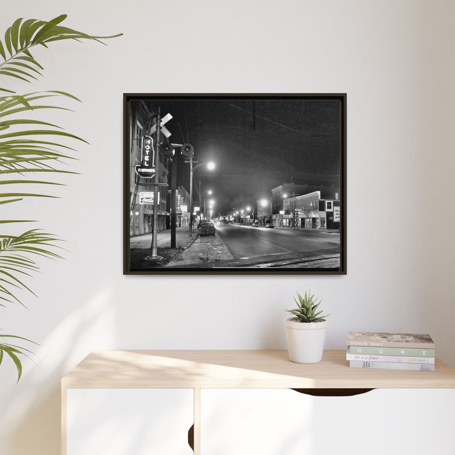 Northview Hotel Looking South Findlay, O. ca 1967 Vintage Cityscape Framed Canvas - Matte Black Wall Art