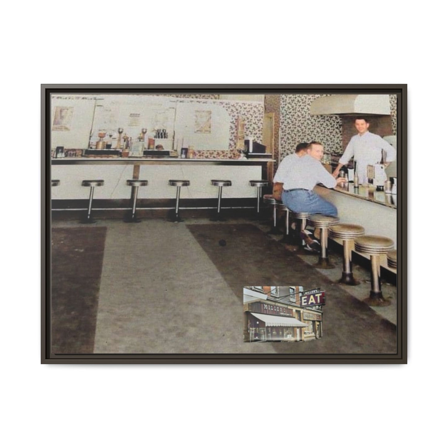 1947 Opening Day Miller’s Luncheonette Findlay, O. Retro Bar Scene Framed Canvas Art - Nostalgic Decor for Home or Office