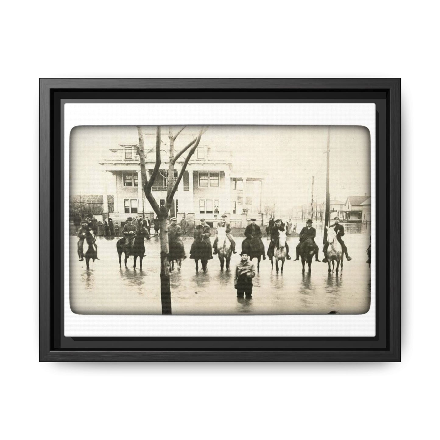 717 N Main Findlay, O  1913 Flood Original B & W Vintage Framed Matte Canvas - Equestrian Scene Wall Art