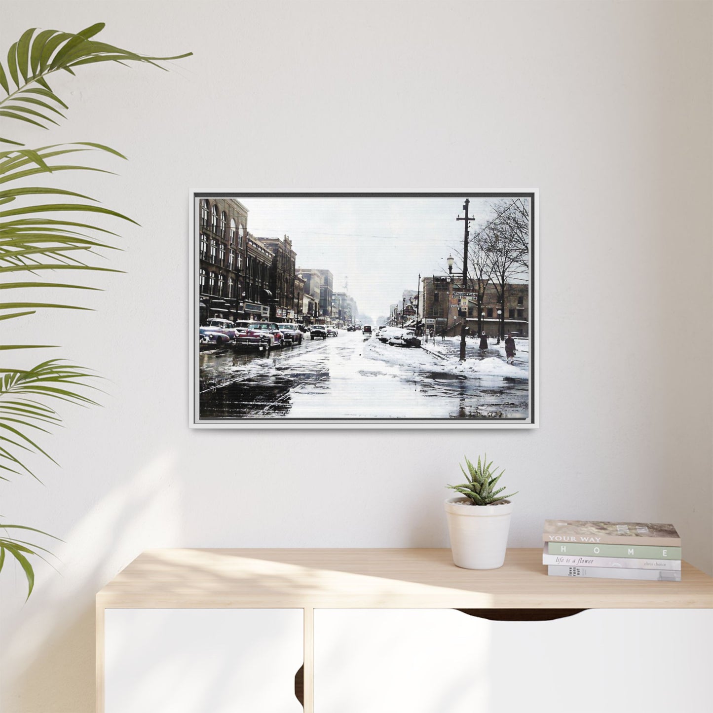 Winter Wonderland Framed Matte Canvas - Urban Snow Scene Wall Art