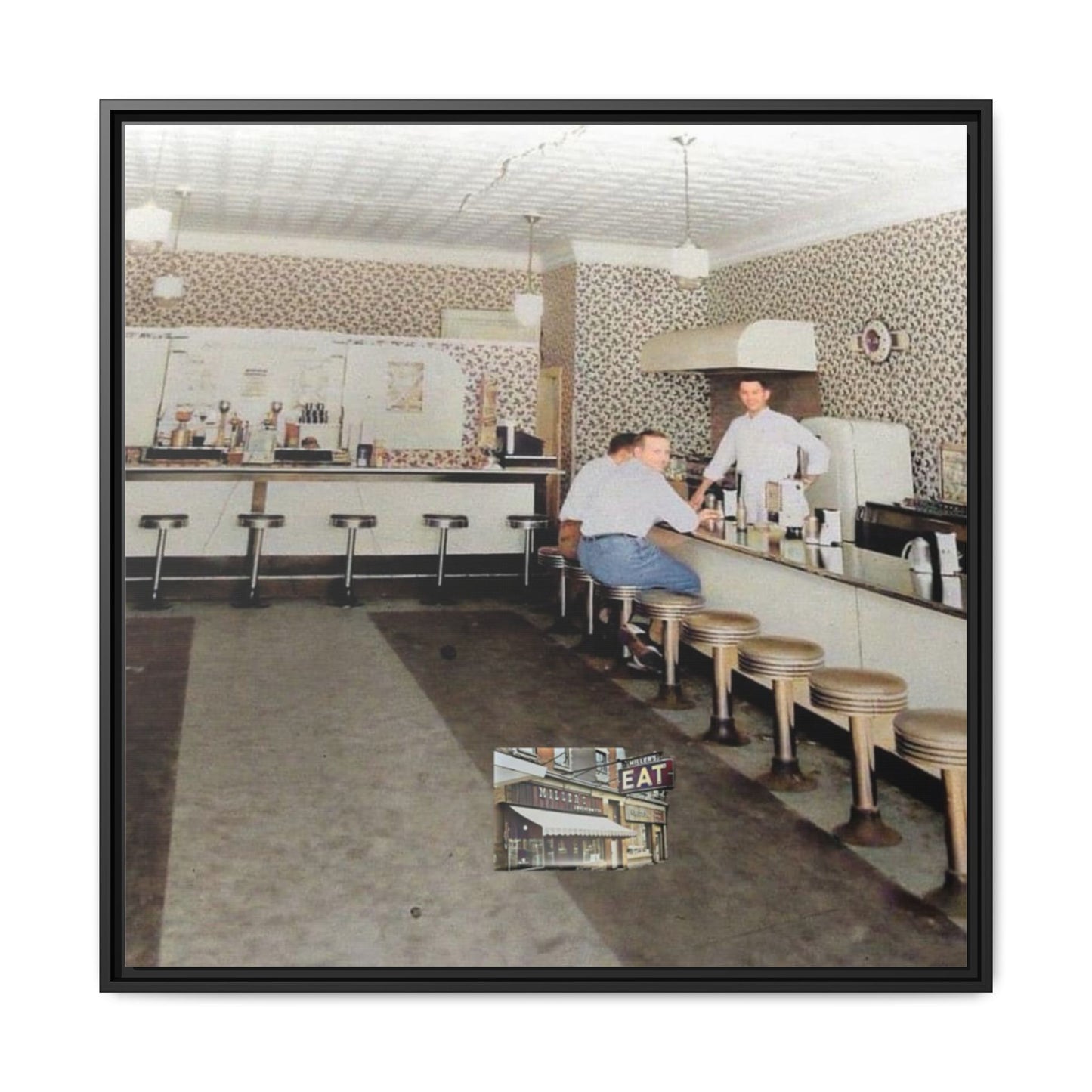 1947 Opening Day Miller’s Luncheonette Findlay, O. Retro Bar Scene Framed Canvas Art - Nostalgic Decor for Home or Office