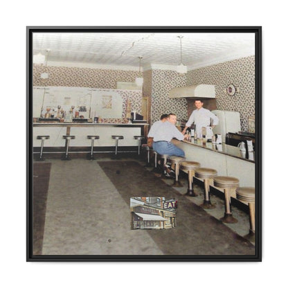 1947 Opening Day Miller’s Luncheonette Findlay, O. Retro Bar Scene Framed Canvas Art - Nostalgic Decor for Home or Office