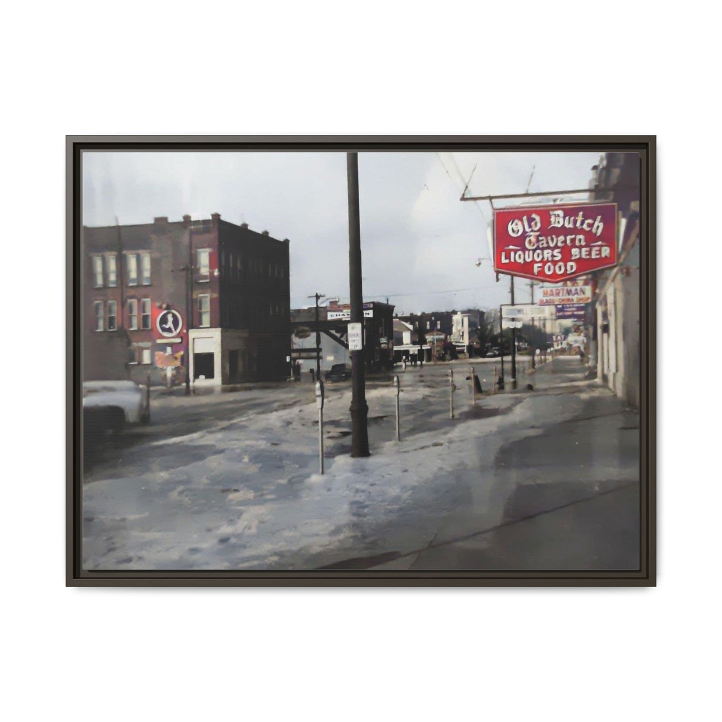 February 1959 Findlay Flood Original Dutch Framed Matte Canvas Art - Vintage Tavern Street Scene