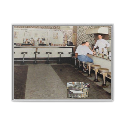 1947 Opening Day Miller’s Luncheonette Findlay, O. Retro Bar Scene Framed Canvas Art - Nostalgic Decor for Home or Office