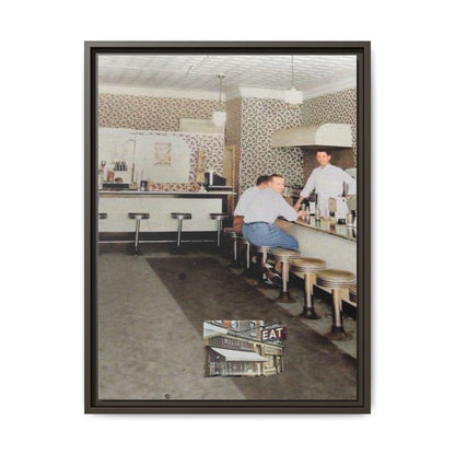 1947 Opening Day Miller’s Luncheonette Findlay, O. Retro Bar Scene Framed Canvas Art - Nostalgic Decor for Home or Office