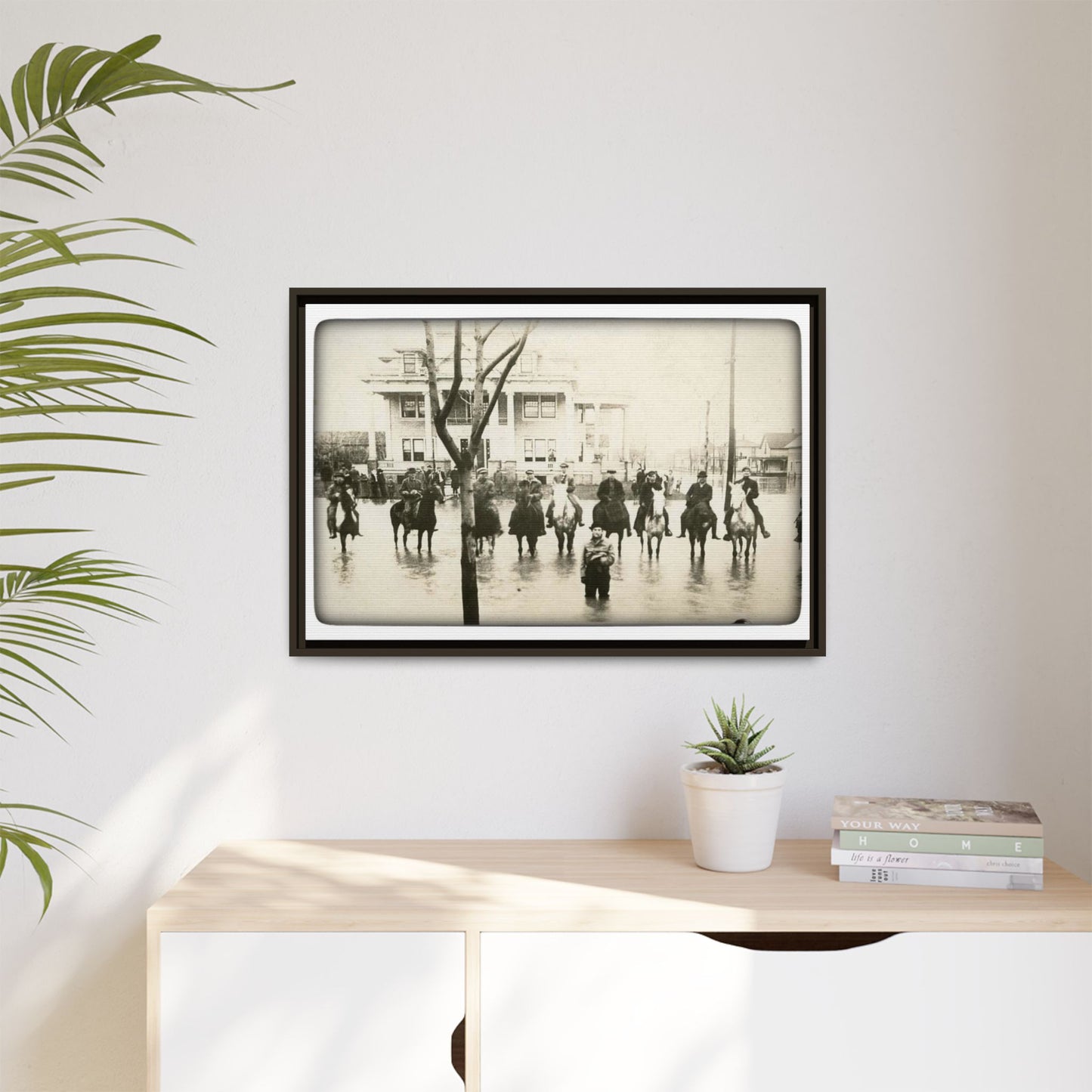 717 N Main Findlay, O  1913 Flood Original B & W Vintage Framed Matte Canvas - Equestrian Scene Wall Art