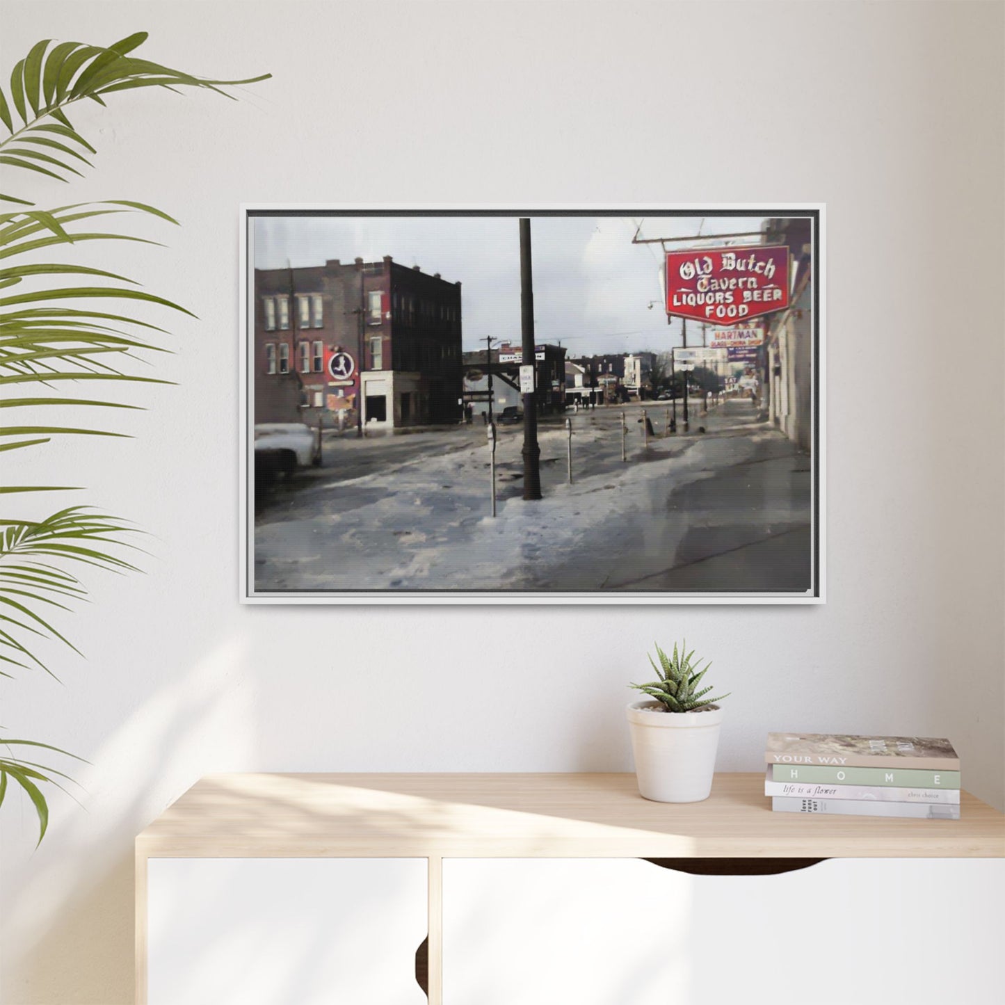 February 1959 Findlay Flood Original Dutch Framed Matte Canvas Art - Vintage Tavern Street Scene