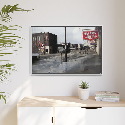 February 1959 Findlay Flood Original Dutch Framed Matte Canvas Art - Vintage Tavern Street Scene