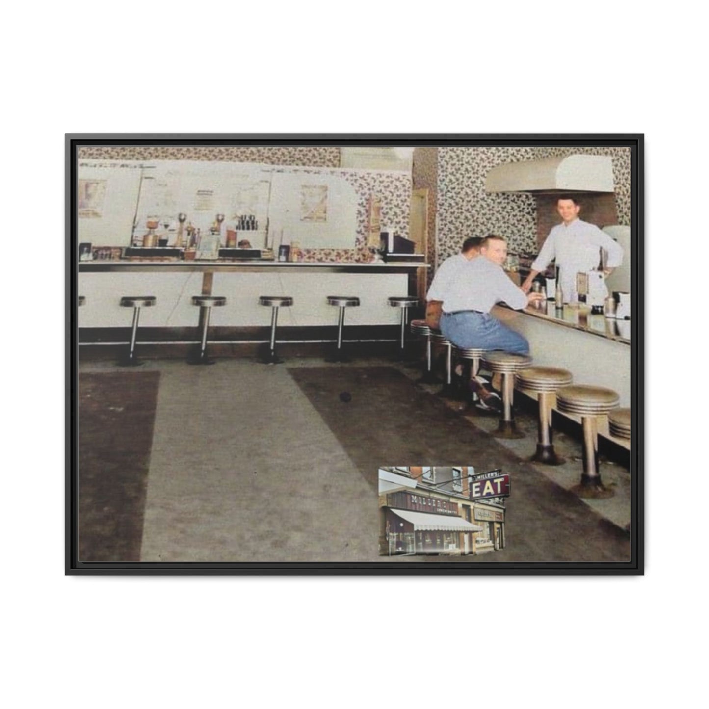 1947 Opening Day Miller’s Luncheonette Findlay, O. Retro Bar Scene Framed Canvas Art - Nostalgic Decor for Home or Office