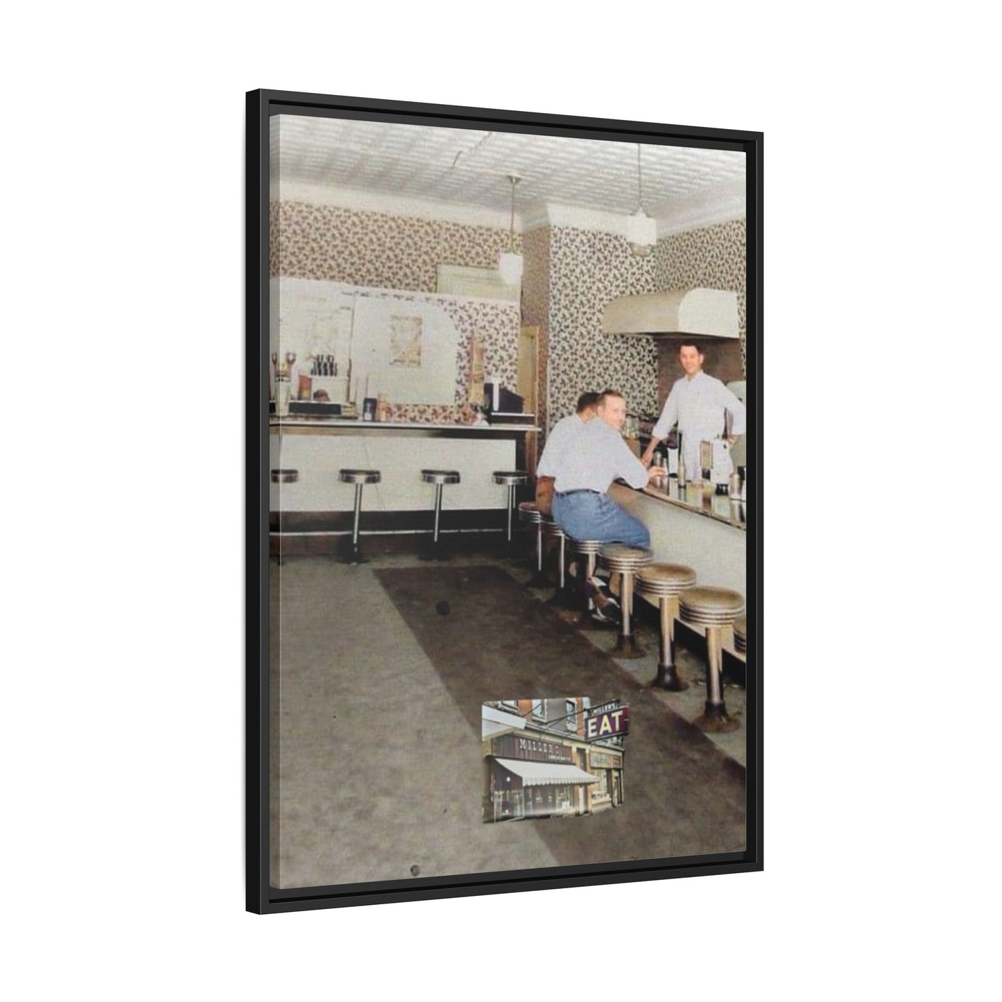 1947 Opening Day Miller’s Luncheonette Findlay, O. Retro Bar Scene Framed Canvas Art - Nostalgic Decor for Home or Office