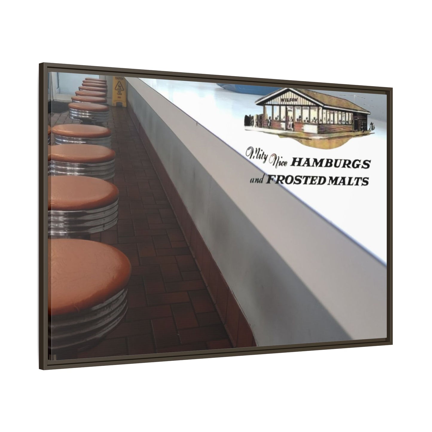 Wilson’s Sandwich Shop Stools Vintage Diner Canvas Print - 'Why Not Hamburgs and Frosted Malts' Wall Art