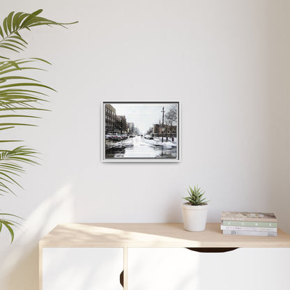 Winter Wonderland Framed Matte Canvas - Urban Snow Scene Wall Art