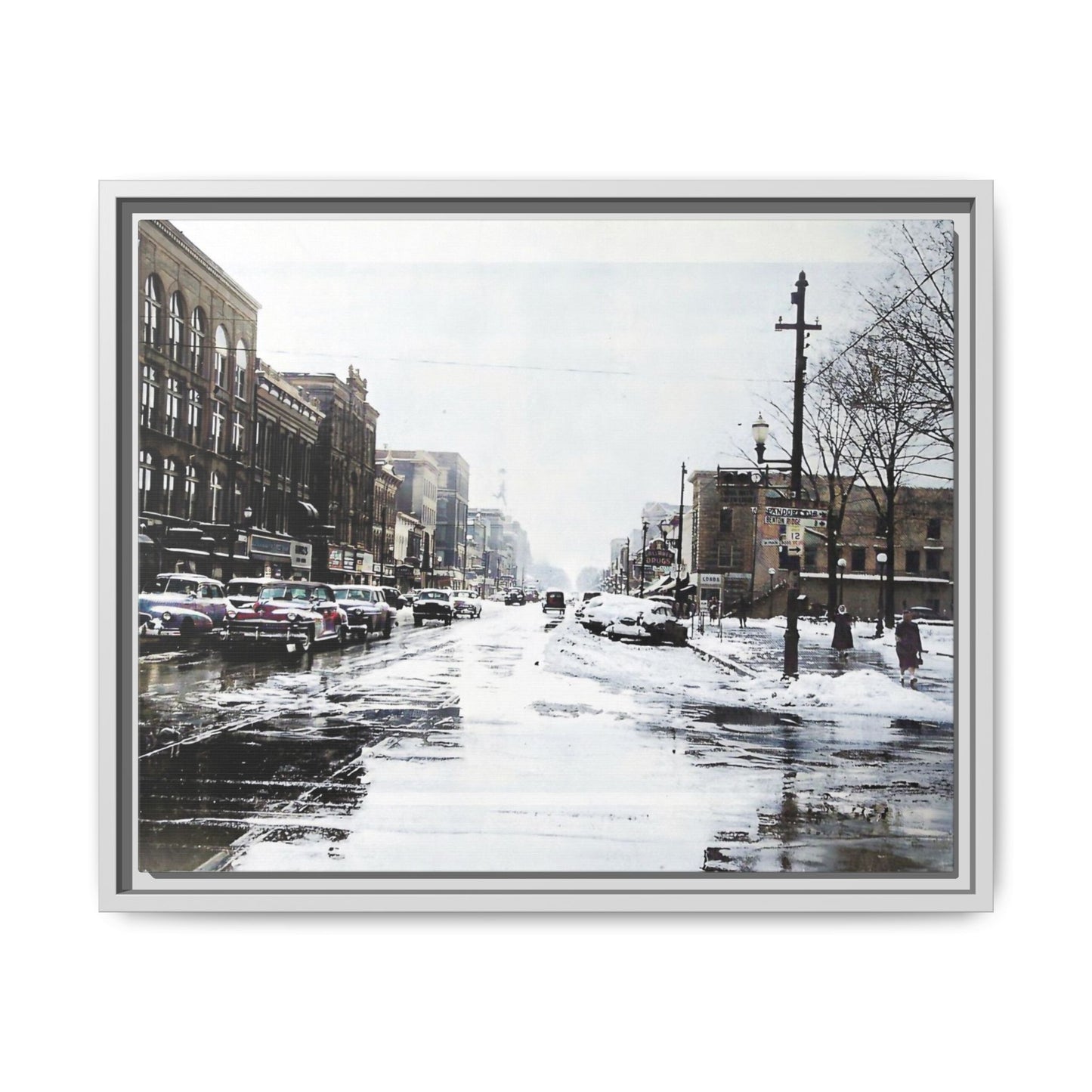 Winter Wonderland Framed Matte Canvas - Urban Snow Scene Wall Art