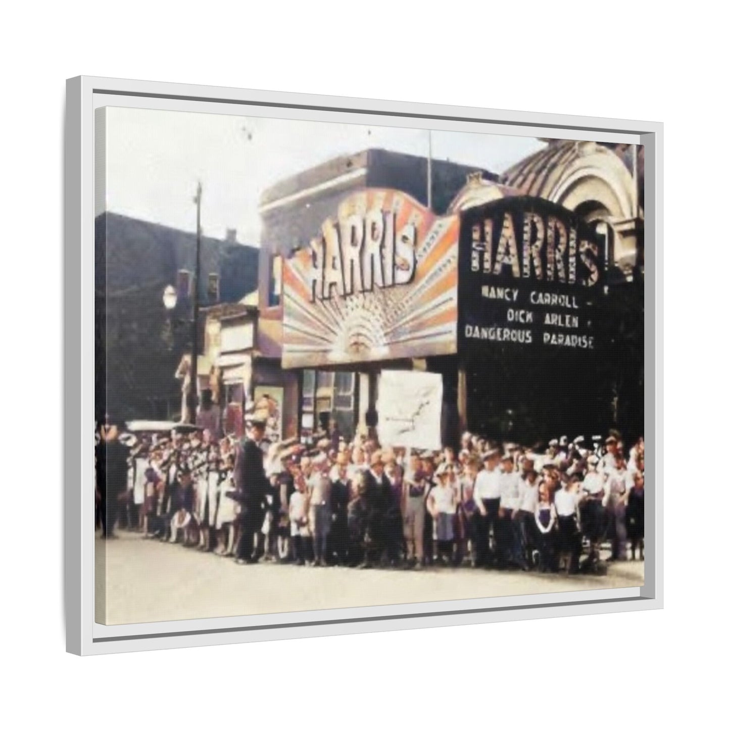 Harris Theater lines galore Vintage Framed Canvas Print - Historic Harris Theater Scene