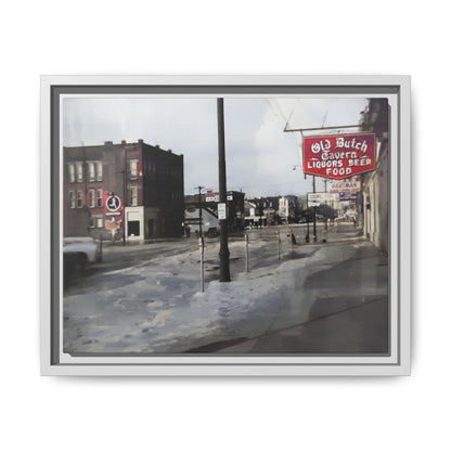 February 1959 Findlay Flood Original Dutch Framed Matte Canvas Art - Vintage Tavern Street Scene