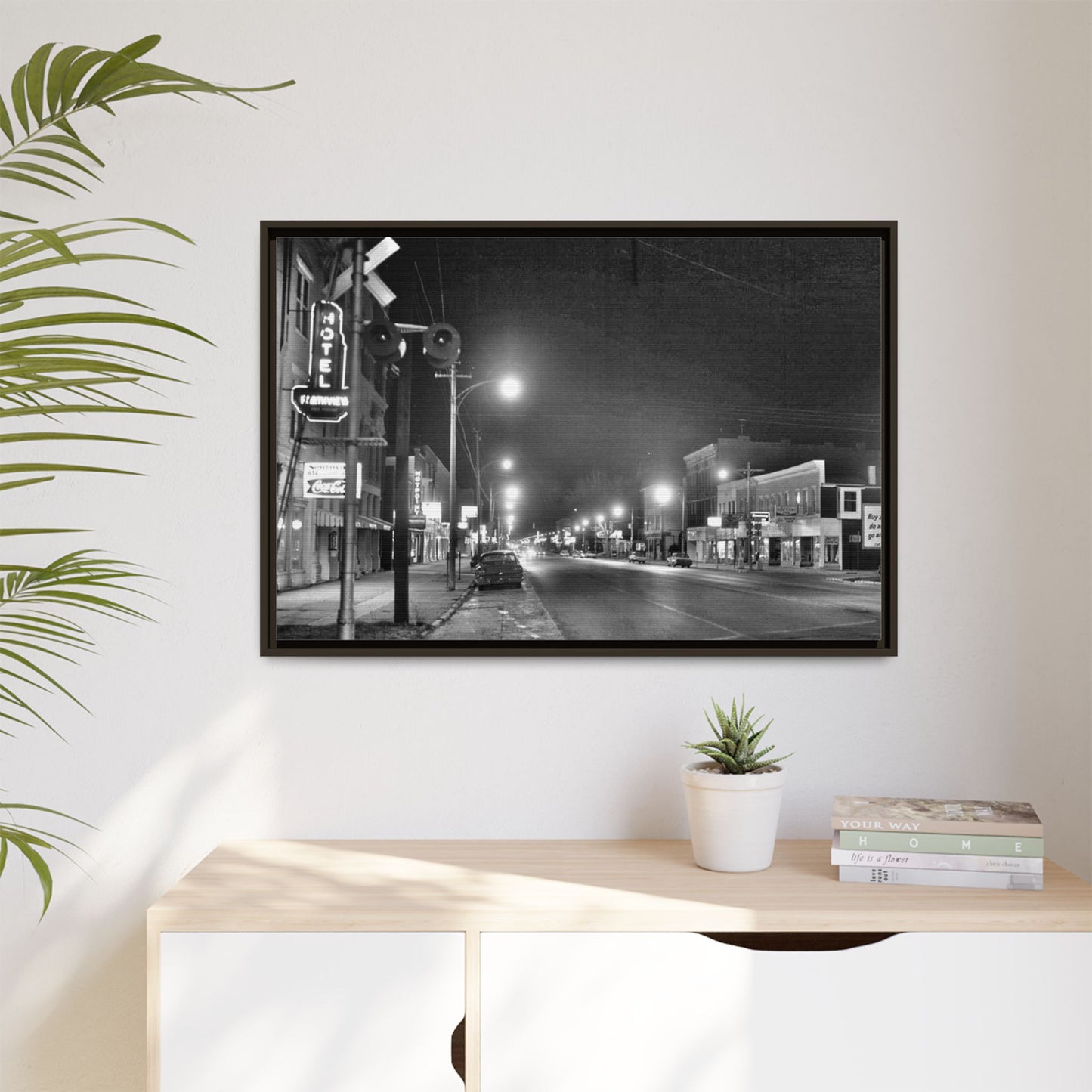 Northview Hotel Looking South Findlay, O. ca 1967 Vintage Cityscape Framed Canvas - Matte Black Wall Art