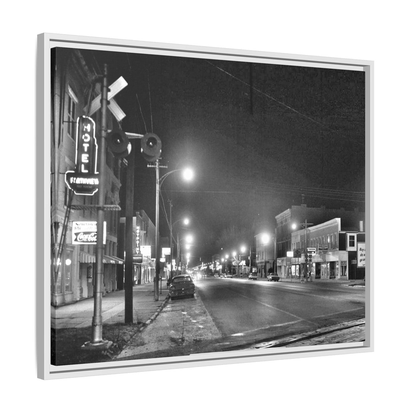 Northview Hotel Looking South Findlay, O. ca 1967 Vintage Cityscape Framed Canvas - Matte Black Wall Art